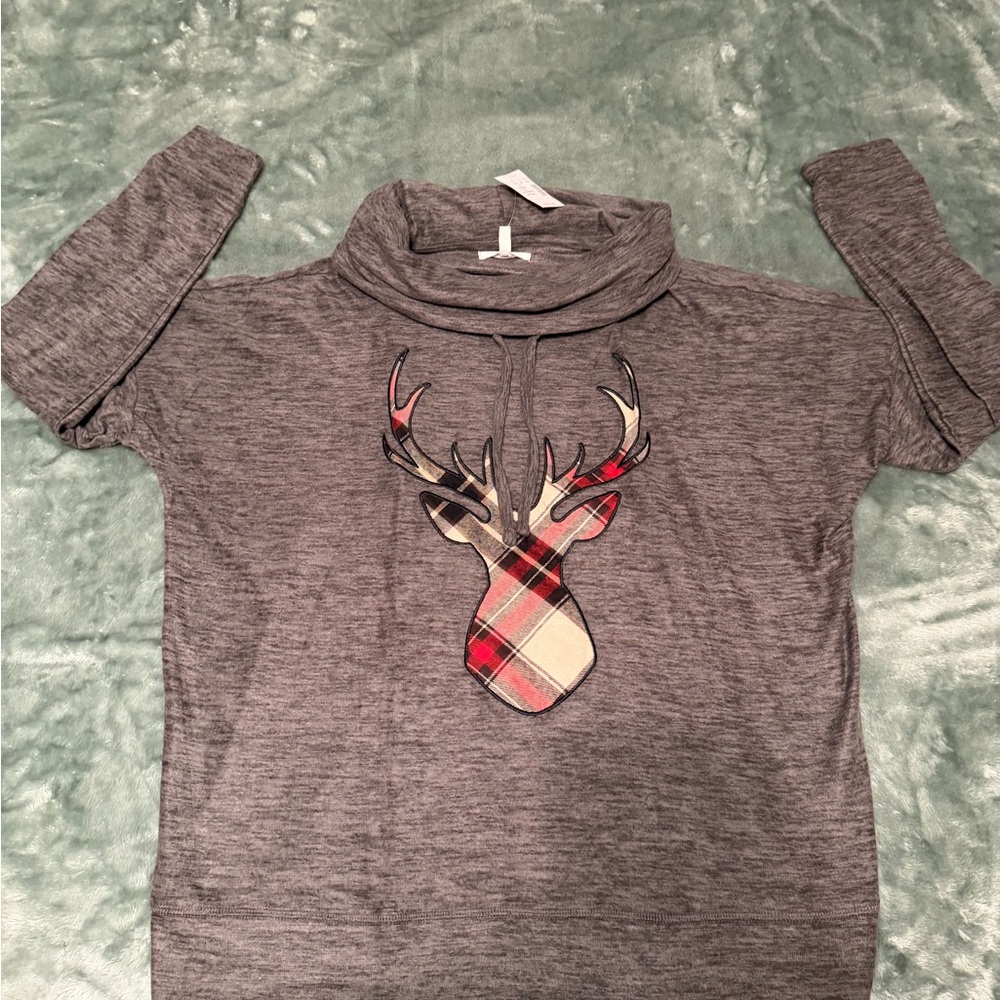 Maurices Gray Cowl Neck Sweater with Plaid Antler Design